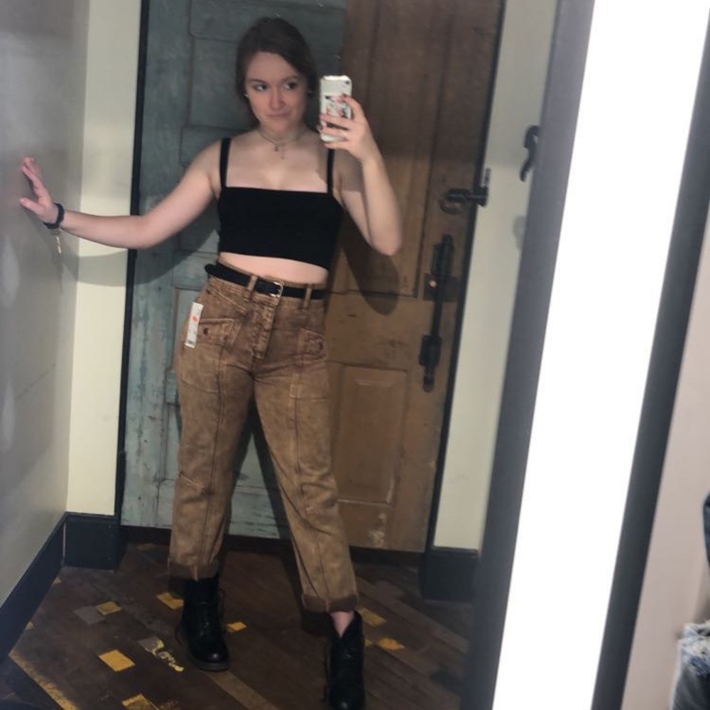marbled tan and brown pants with stitch detailing